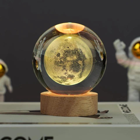 3D Crystal Moon Ball Night Lamp with Wooden Base