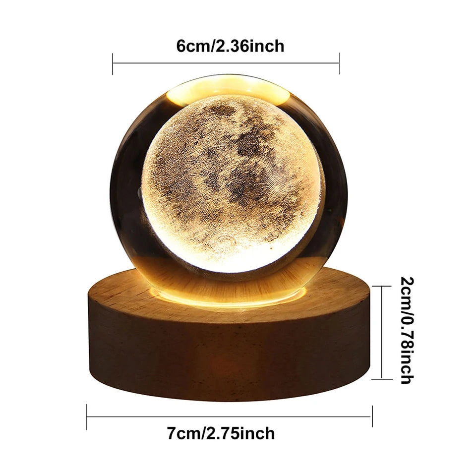 3D Crystal Moon Ball Night Lamp with Wooden Base