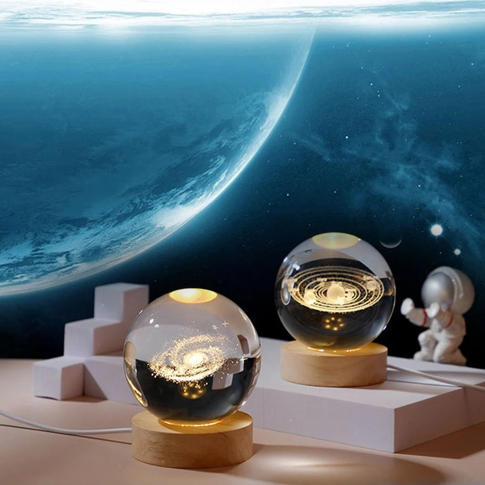 3D Crystal Moon Ball Night Lamp with Wooden Base