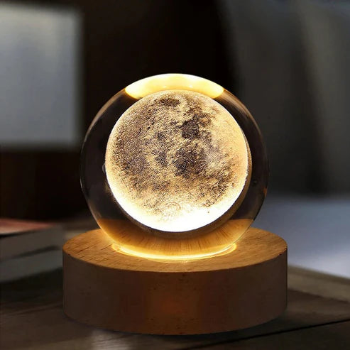 3D Crystal Moon Ball Night Lamp with Wooden Base