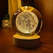 3D Crystal Moon Ball Night Lamp with Wooden Base